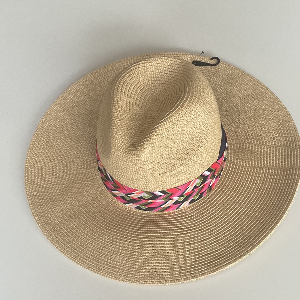 Trina Turk Azure Wide Brim Straw Adjustable Fedora with Pink Patterned Band NWT
